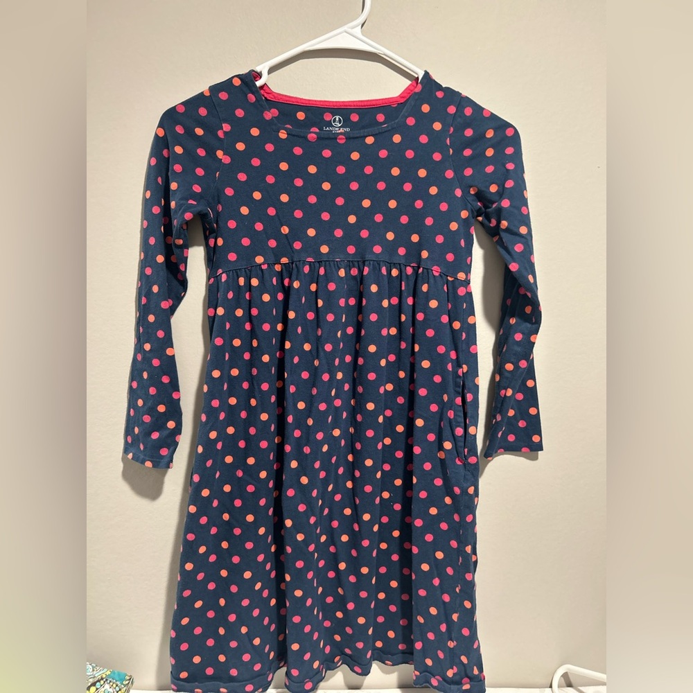 Lands' End Kids Navy Dress with Pink and Orange Polka Dots